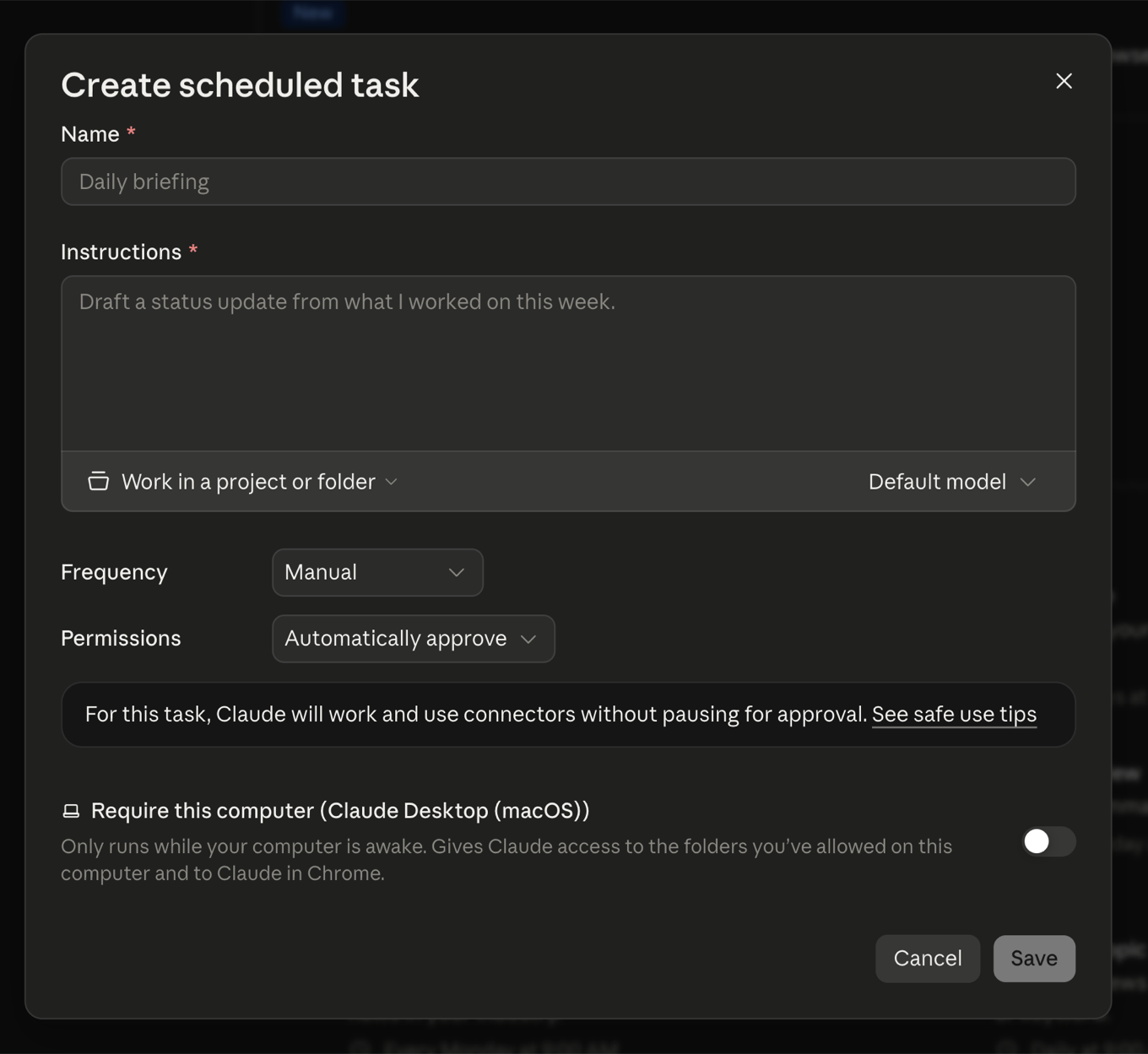The Create scheduled task dialog in Claude, with fields for name, instructions, frequency, permissions, and a toggle to require this computer.